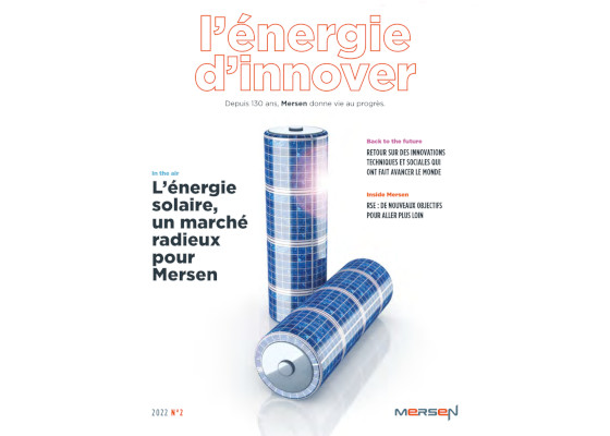 batteries with solar panel on the cover of Mersen magazine
