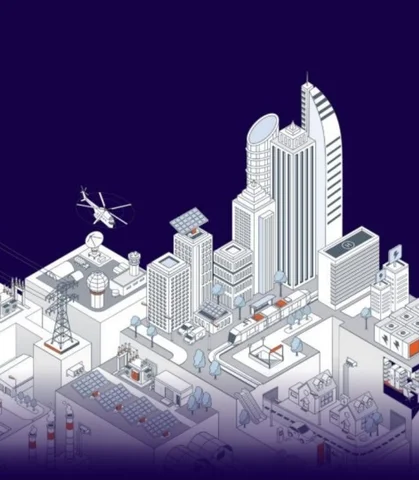 drawing of a stylized city on a dark blue background