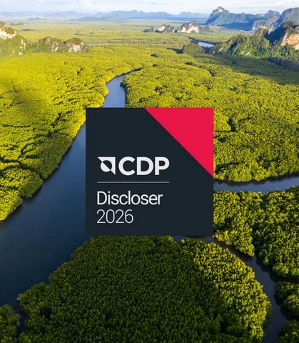 Mersen CDP discloser badge on a green landscape with a river