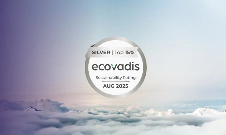 Mersen Silver EcoVadis Medal on a light background with the sky and clouds