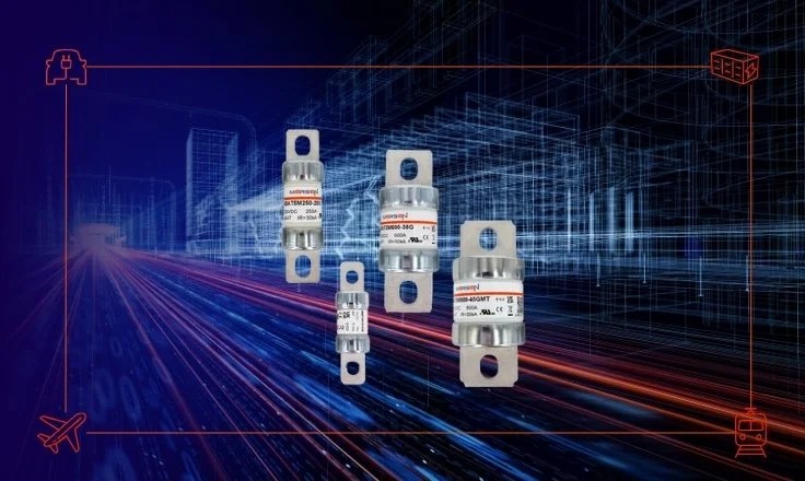 Mersen ABAT fuses on a dark background with picto for EV, rail, energy storage and aircraft